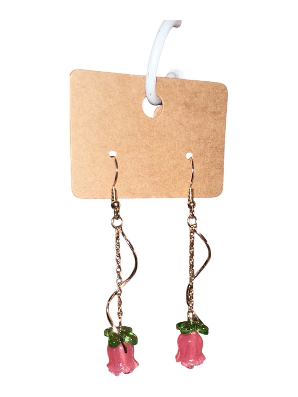 Rosebud Drop Earrings in Pink and Green - Gold-Tone
